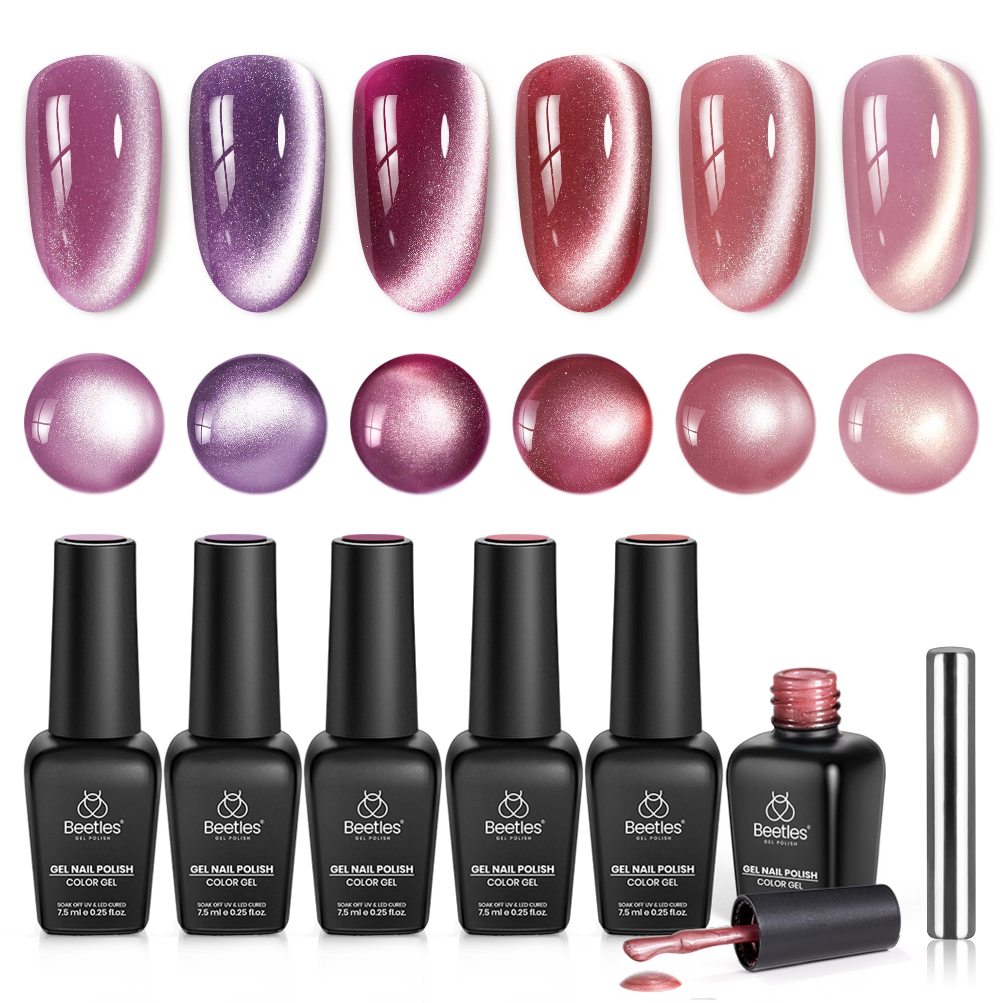 Beetles Cat Eye Gel Polish Nail Set – 6 Colors, Magnetic Cat Eye Kit, Rose Fall Collection