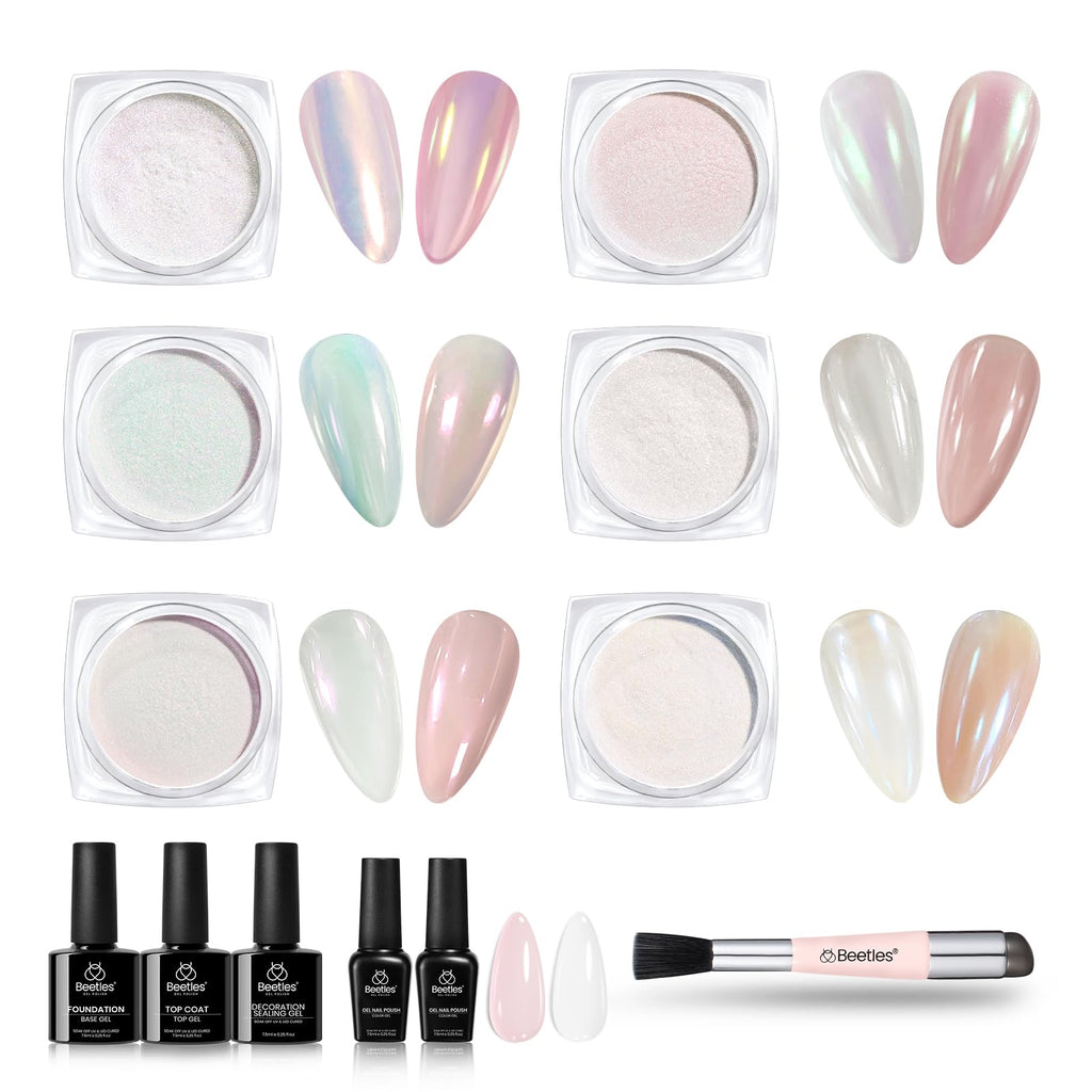Beetles Chrome Nail Powder Aurora Pearl Kit — 6 Colors + Base & Top Gel