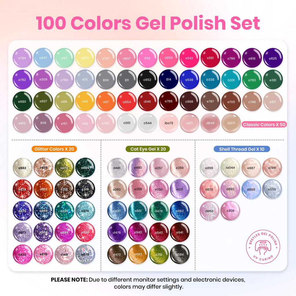 Beetles 119 PCS Gel Nail Polish Set – 100 Colors with Cat Eye, Glitter, Pearl Finishes + Base & Top Coats for At-Home Manicures