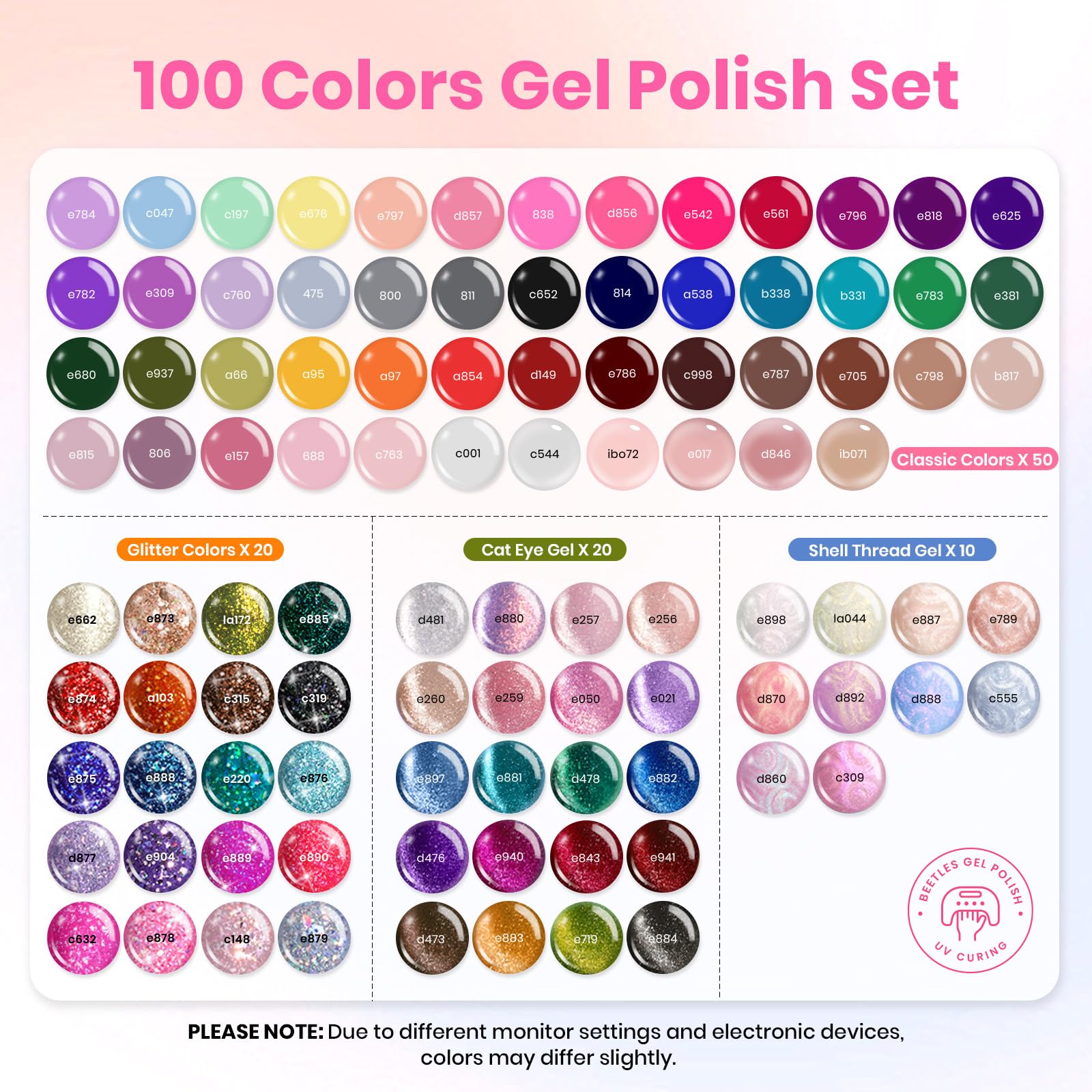 Beetles 119 PCS Gel Nail Polish Set – 100 Colors with Cat Eye, Glitter, Pearl Finishes + Base & Top Coats for At-Home Manicures