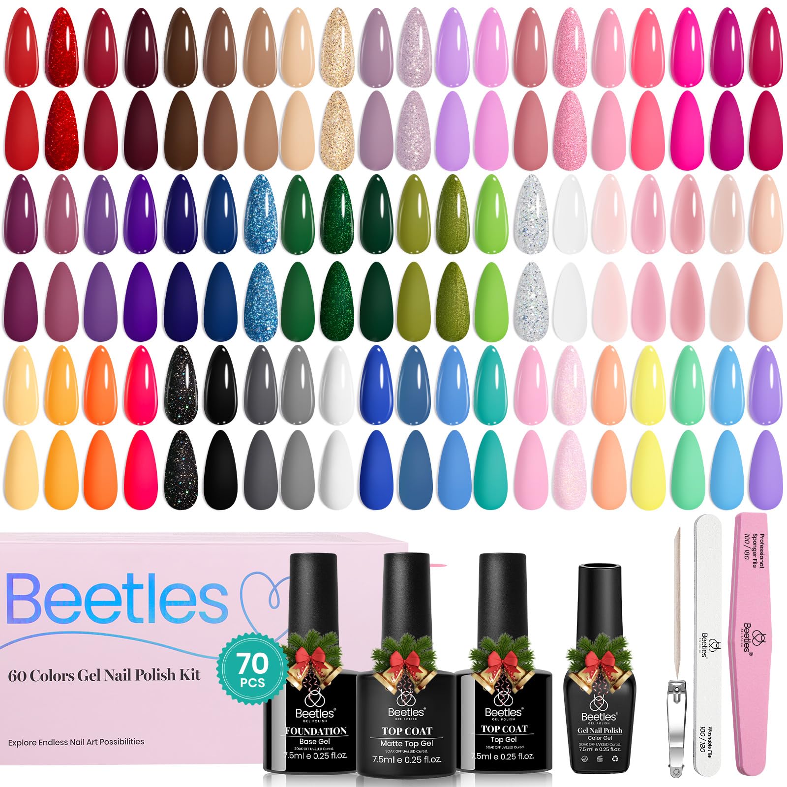 Beetles Winter Gel Nail Polish Set — 60 Colors, Base & Top Coat Kit, 8-Piece Tools, UV/LED Ready for DIY Nails