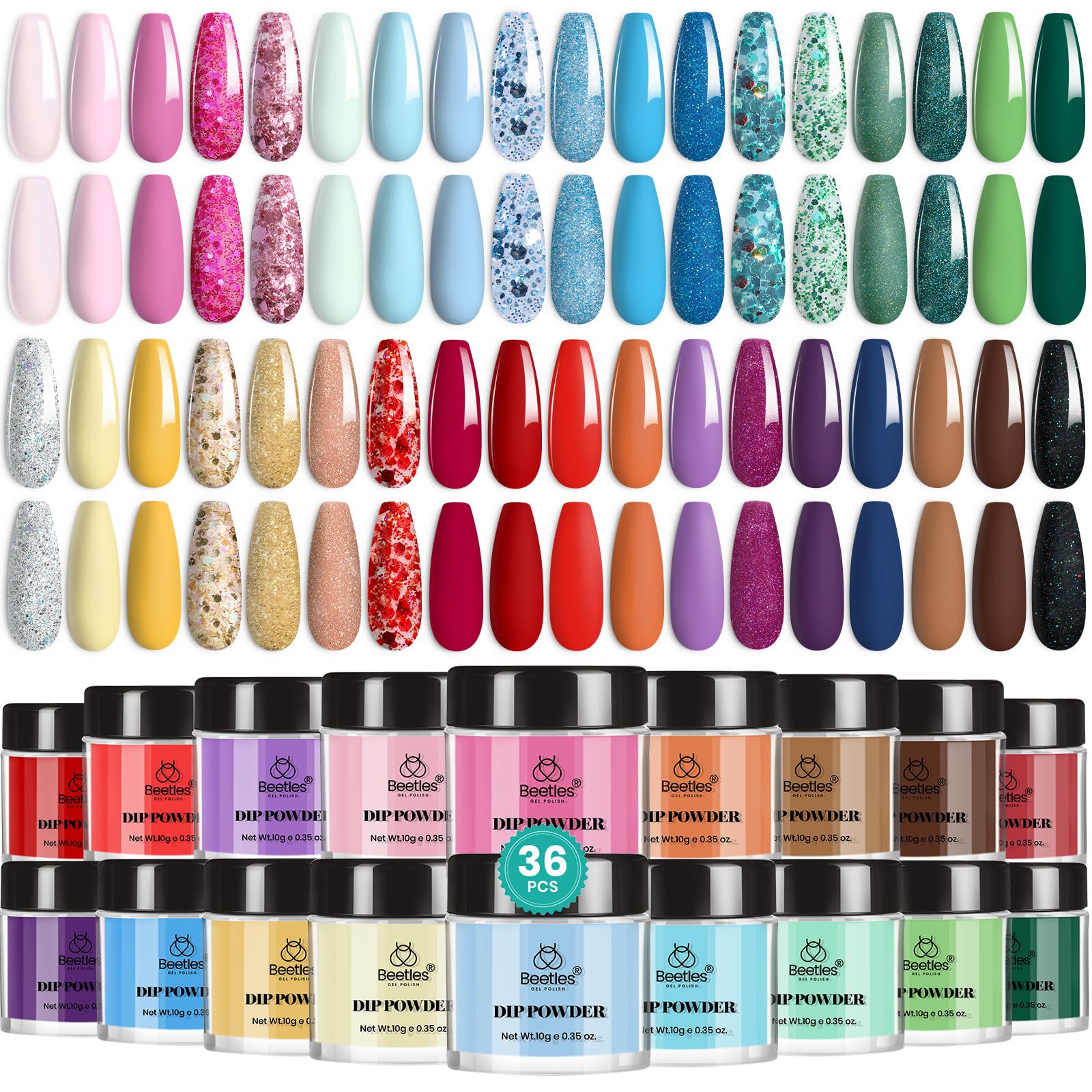 Beetles Dip Powder Nail Kit — 36 Colors Nude Pink Pastel & Glitter, Quick Drying Starter Set