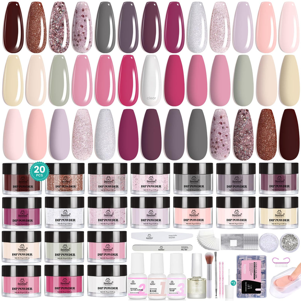 Beetles Dip Powder Nail Kit Starter – 40pc, 20 Colors, Tools & Rhinestones | Lightflow Diary