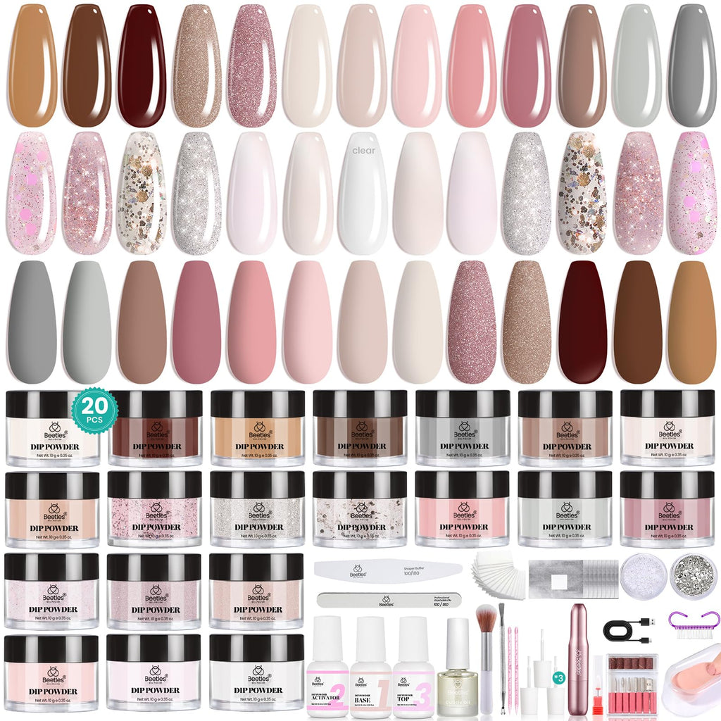 Beetles Dip Powder Nail Kit – 20 Colors Peach Brownie Collection + Electric Nail Drill