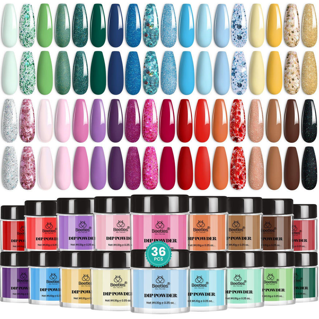 Beetles Dip Powder Nail Kit — 36 Colors Nude Pink Pastel & Glitter, Quick Drying Starter Set