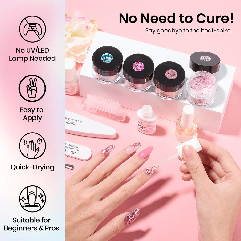 Beetles Dip Powder Nail Kit — 36 Colors Nude Pink Pastel & Glitter, Quick Drying Starter Set