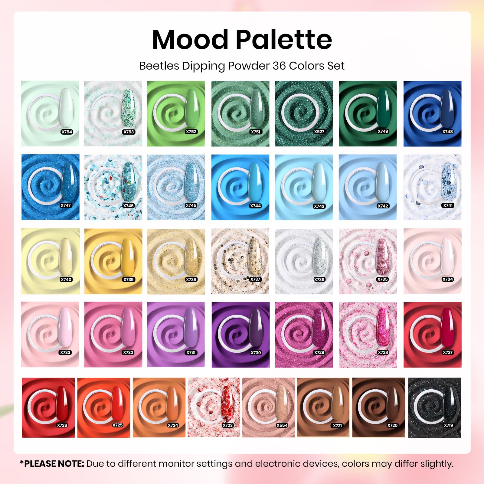 Beetles Dip Powder Nail Kit — 36 Colors Nude Pink Pastel & Glitter, Quick Drying Starter Set