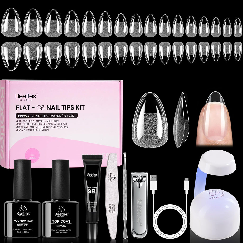 Beetles Gel Nail Kit Flat-X Almond Short – 320pc Tips, 15g Glue Gel, Base & Top Coat, Mini UV Lamp