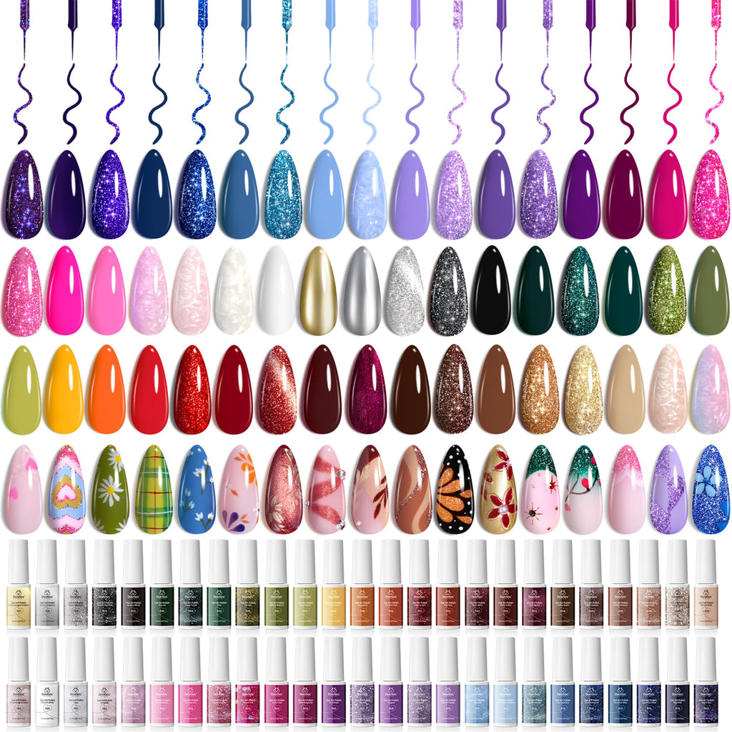 Beetles Gel Liner Nail Art Set – 50 Color Gel Polish Kit with French Tip, Glitter, Swirl & Cat Eye