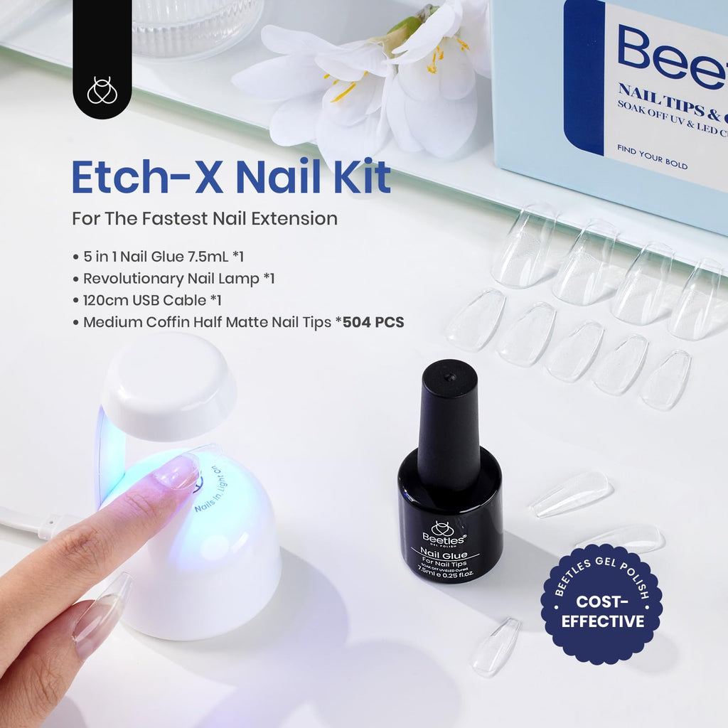 Beetles Gel Nail Kit Etch-X: 504-piece Medium Coffin Tips, 5-in-1 Glue Gel & LED Lamp for DIY Nail Extensions