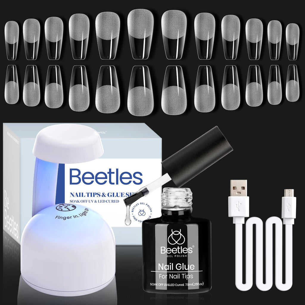 Beetles Gel Nail Kit Etch-X: 504-piece Medium Coffin Tips, 5-in-1 Glue Gel & LED Lamp for DIY Nail Extensions