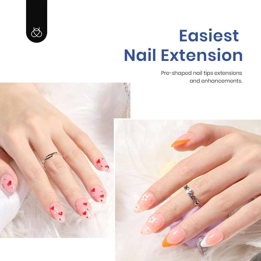 Beetles Gel Nail Kit Clear Almond Short 500pcs + 9-in-1 Glue Mini UV&LED Lamp – Fall Nails, Easy Nail Extensions