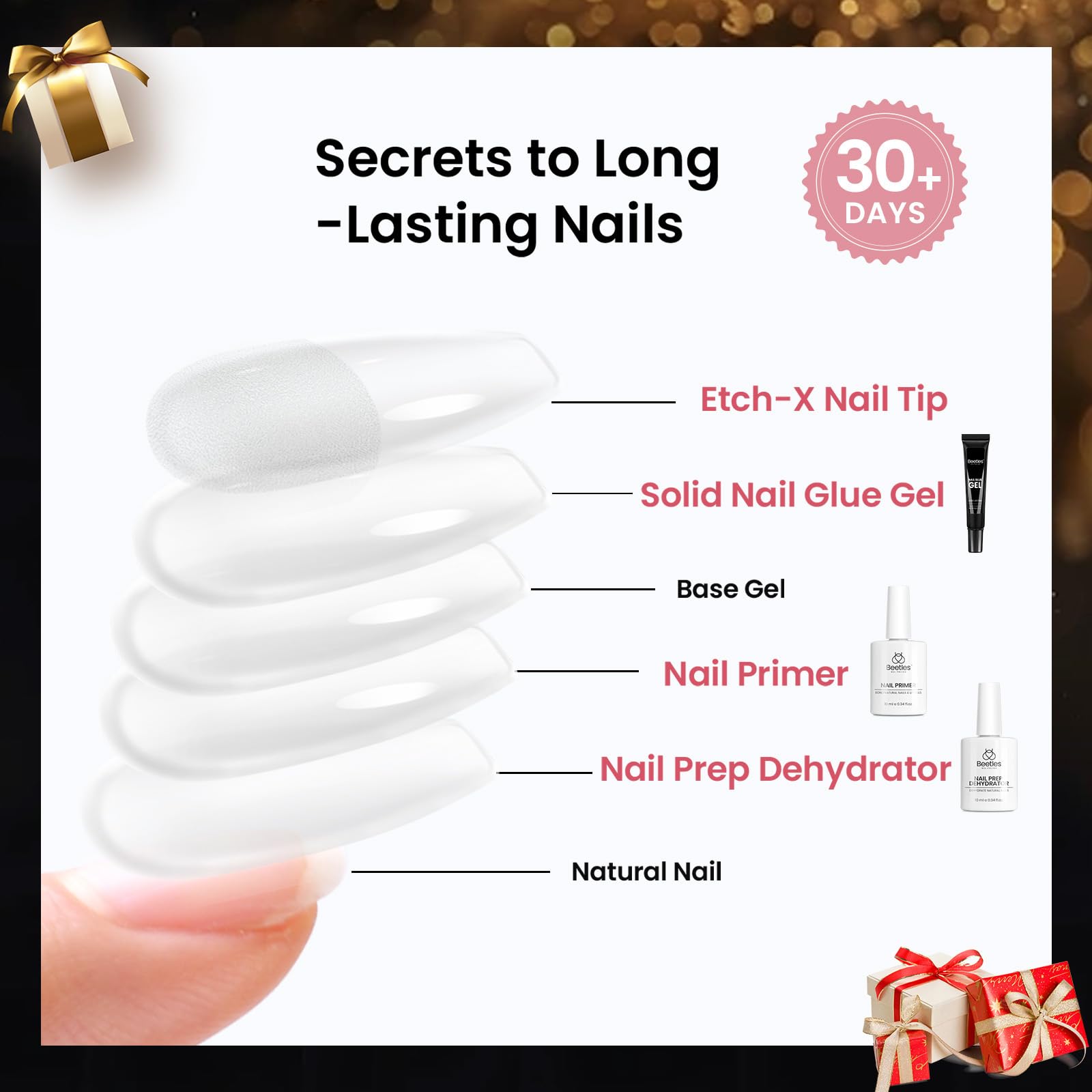 Beetles Gel Nail Kit Medium Almond | 576 Half Matte Tips, Primer, Dehydrator, Glue, Mini UV Lamp