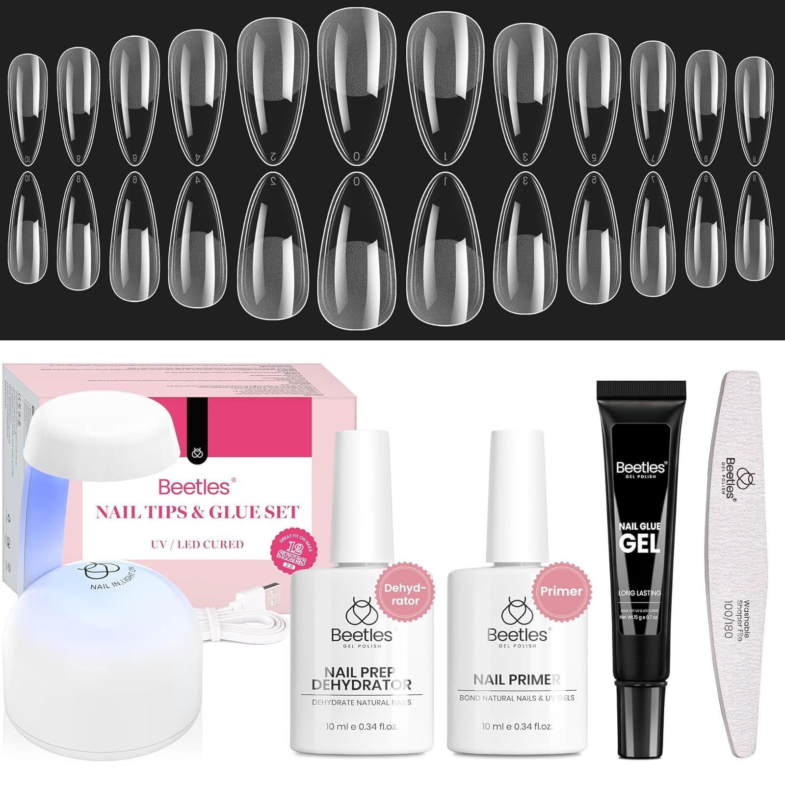 Beetles Gel Nail Kit Medium Almond | 576 Half Matte Tips, Primer, Dehydrator, Glue, Mini UV Lamp