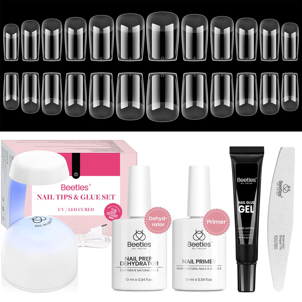 Beetles Gel Nail Kit Short Square — 576Pcs Tips + Mini UV Lamp for DIY Extensions