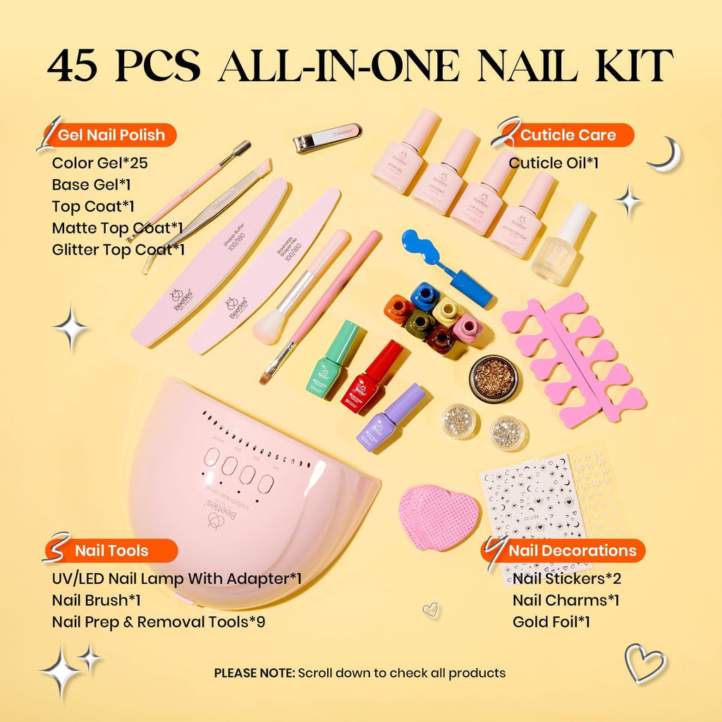 Beetles Gel Nail Polish Kit with UV Light – 25 Colors Valentine Set, 45 Pcs DIY Manicure Kit