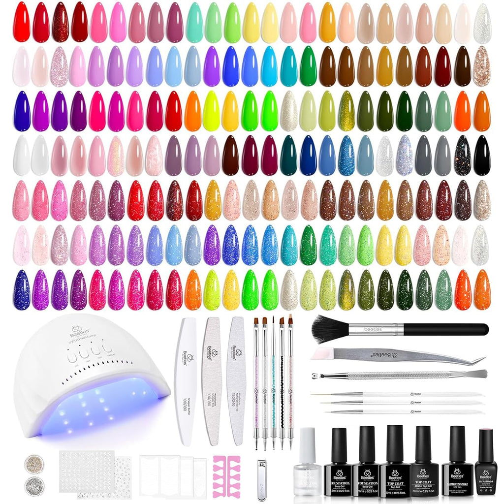 Beetles Gel Nail Polish Kit with UV/LED Lamp – 100 Colors, 133-Piece Set