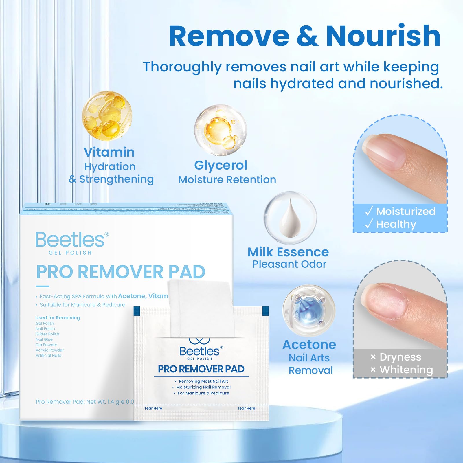 Beetles Gel Nail Polish Remover Kit – 150 Pro Pads, Acetone & Vitamin Formula, Cuticle Oil & Tools