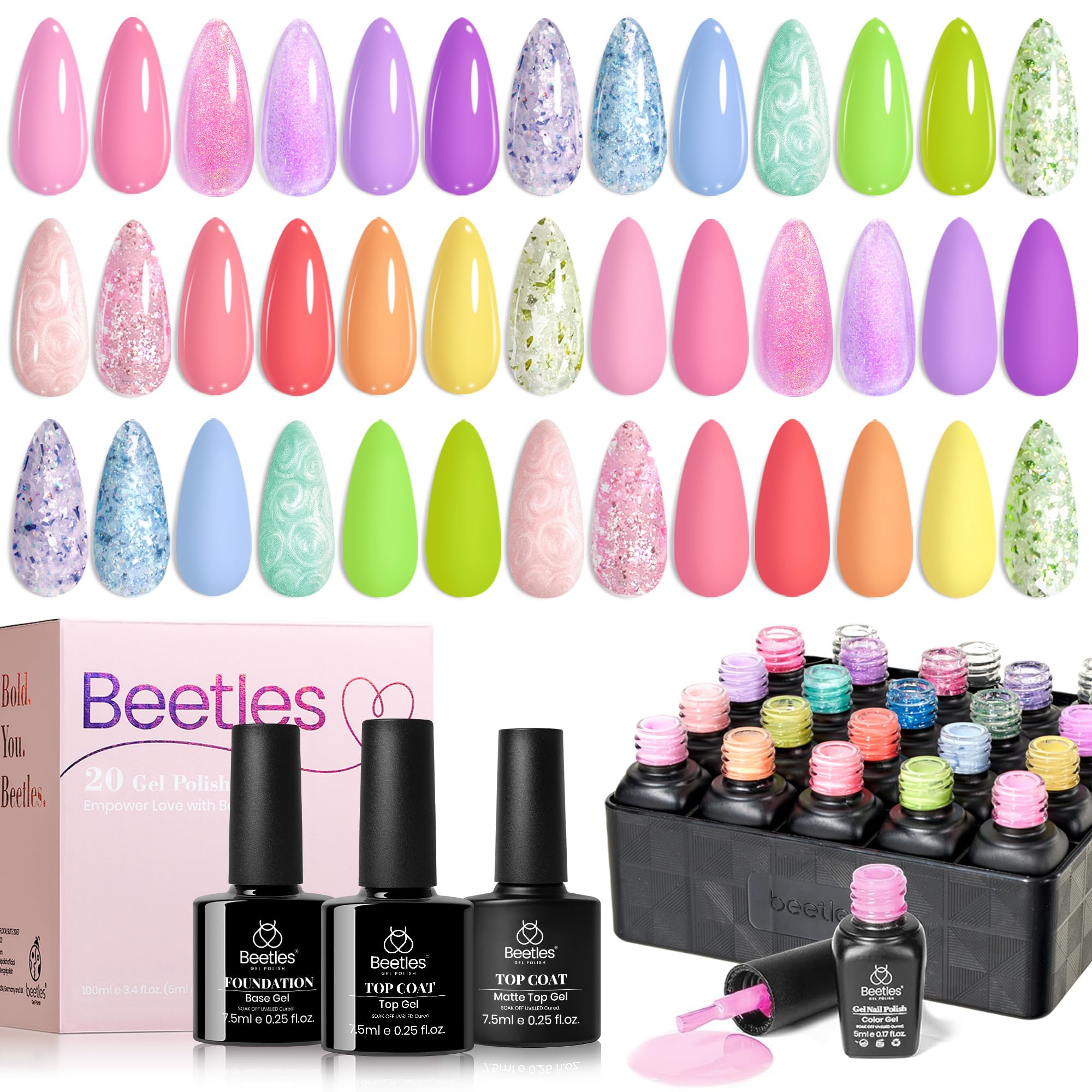 Beetles Gel Nail Polish Set – 28 Pcs Pastel Macaron Colors with Base/Top Coats & Charms