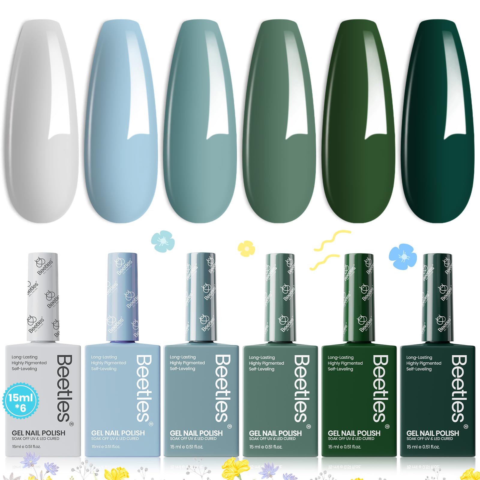 Beetles Gel Nail Polish Set – 6 Colors, 15ml Each, Misty Gray to Dark Green | Soak Off UV/LED Kit