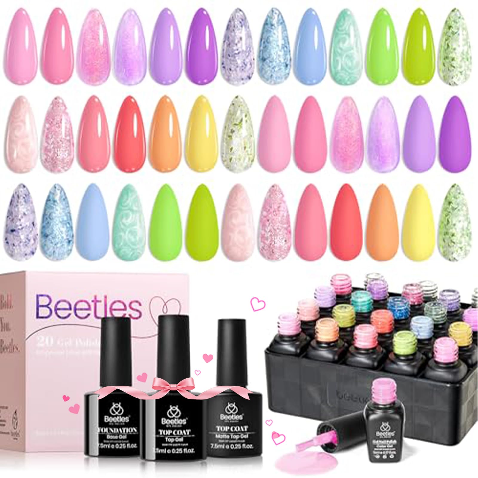 Beetles Gel Nail Polish Set – 28 Pcs Pastel Macaron Colors with Base/Top Coats & Charms