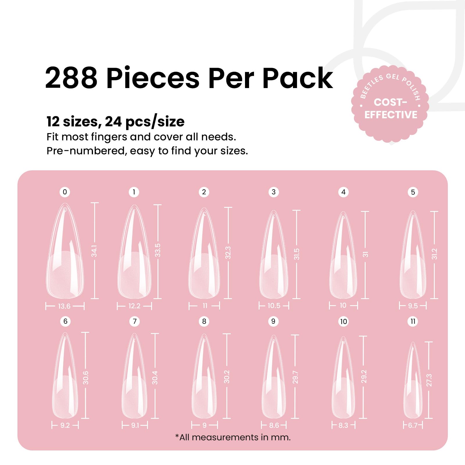 Beetles Gel Nail Tips Etch-X Stiletto Medium, 288Pcs, 12 Sizes – Pre-Etched Full Cover Tips for Easy DIY Extensions
