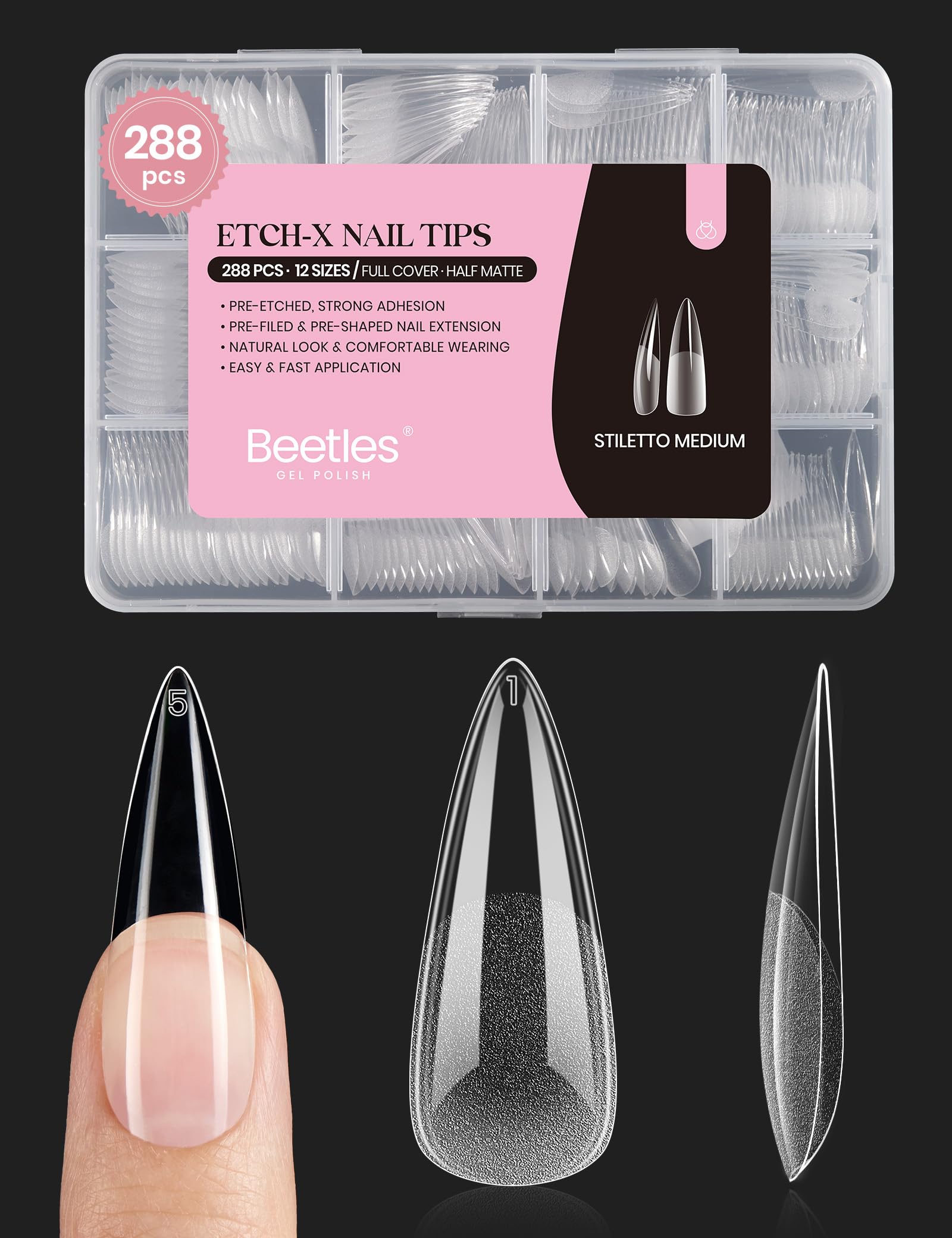 Beetles Gel Nail Tips Etch-X Stiletto Medium, 288Pcs, 12 Sizes – Pre-Etched Full Cover Tips for Easy DIY Extensions