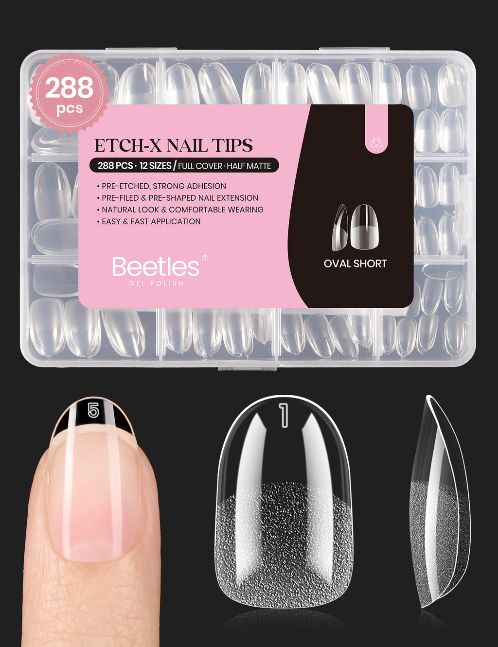 Beetles Gel Nail Tips Short Oval – 288Pcs Pre-Shaped Half Matte Press-On Nails for DIY Extensions