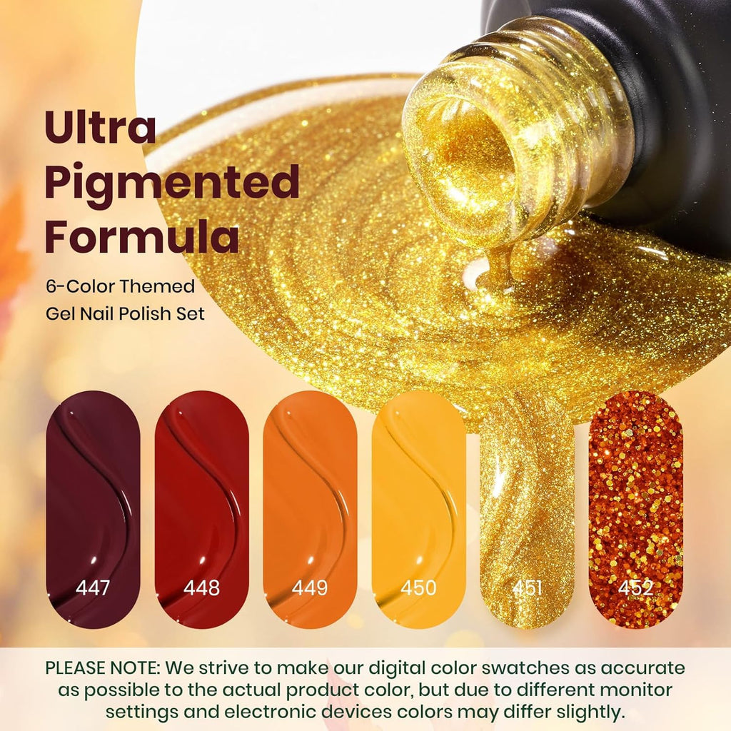 Beetles Gel Nail Polish Set – Golden Blessing (6 Autumn Shades: Red, Yellow, Brown, Glitter Orange-Gold)