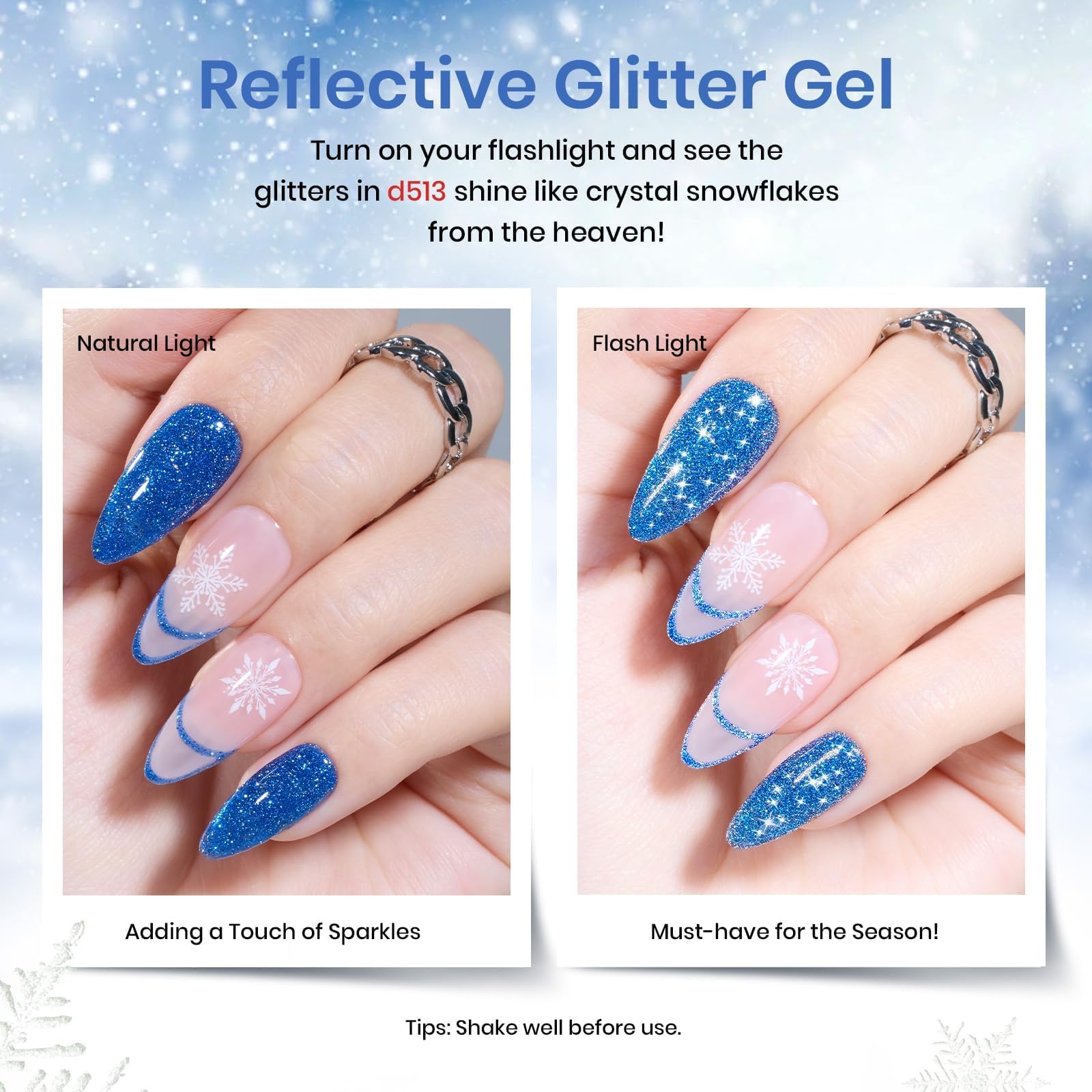 Beetles Gel Polish Set – Glitter Snowflakes Collection: White, Silver & Navy Blue