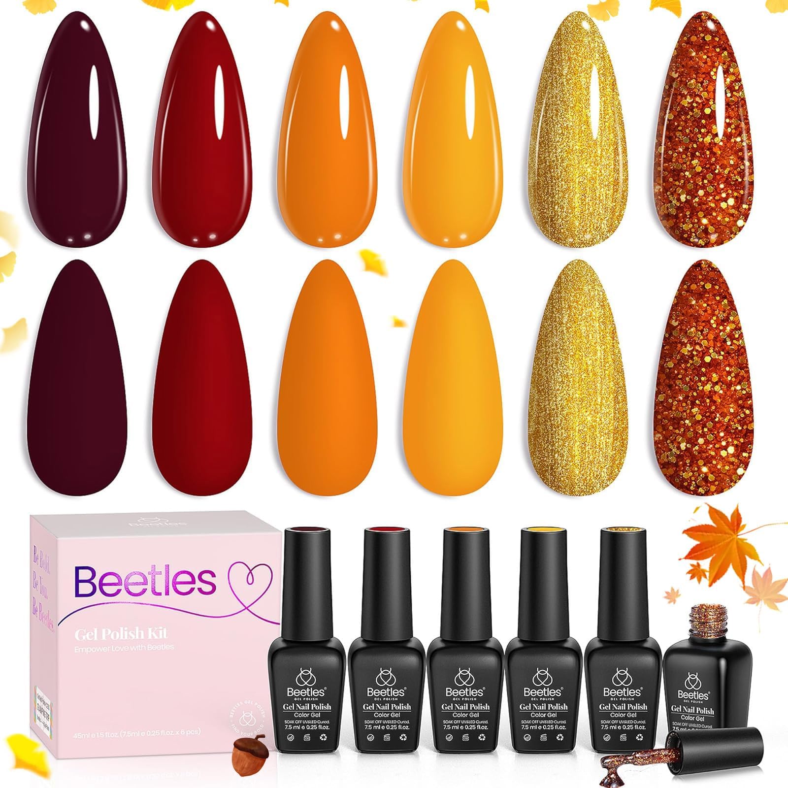 Beetles Gel Nail Polish Set – Golden Blessing (6 Autumn Shades: Red, Yellow, Brown, Glitter Orange-Gold)