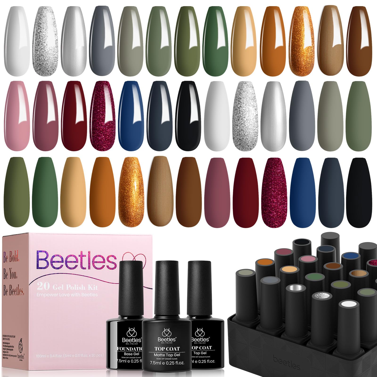 Beetles Gel Nail Polish Set – 23-Piece Kit with 20 Colors + Base & Top Coats