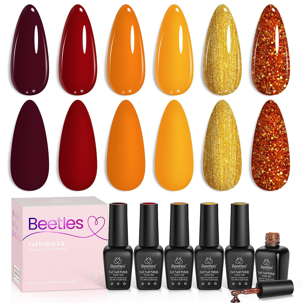 Beetles Gel Nail Polish Set – Golden Blessing (6 Autumn Shades: Red, Yellow, Brown, Glitter Orange-Gold)