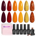 Beetles Gel Nail Polish Set – Golden Blessing (6 Autumn Shades: Red, Yellow, Brown, Glitter Orange-Gold)
