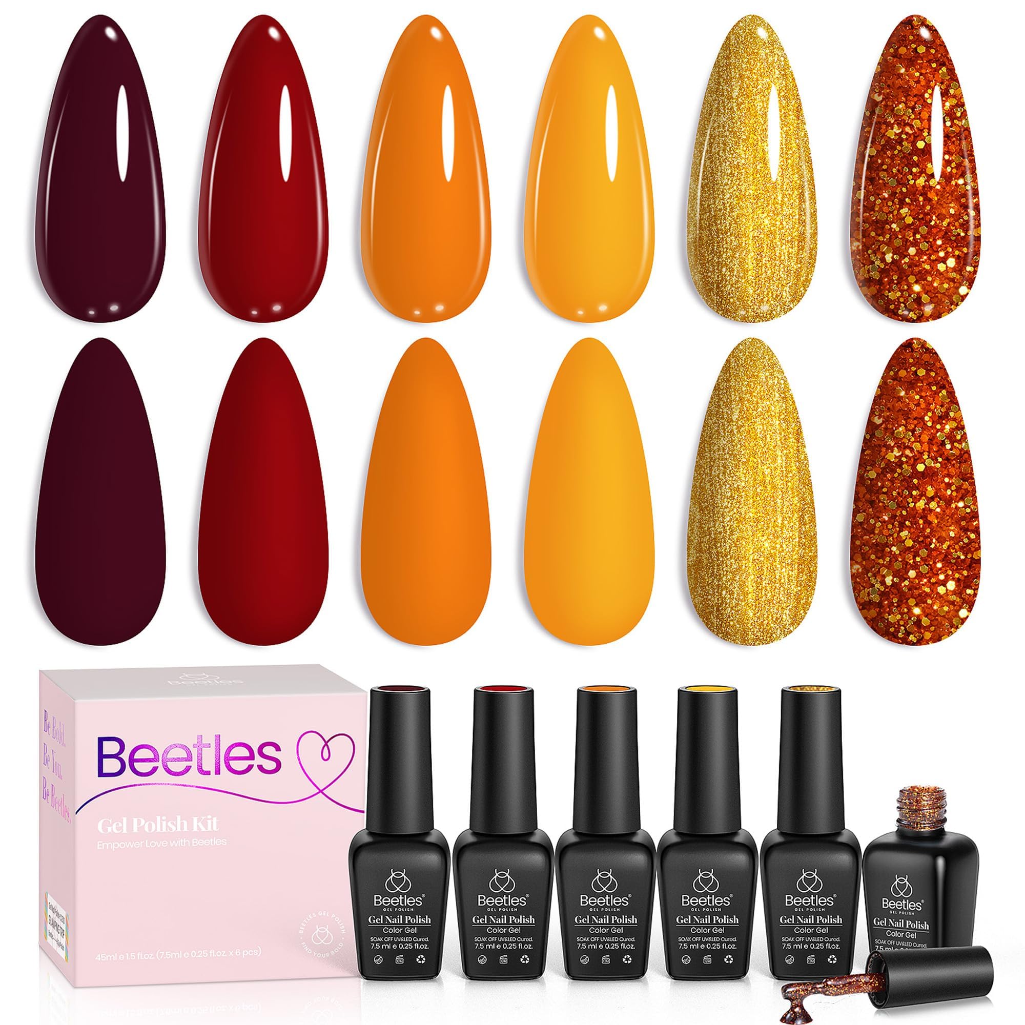 Beetles Gel Nail Polish Set – Golden Blessing (6 Autumn Shades: Red, Yellow, Brown, Glitter Orange-Gold)