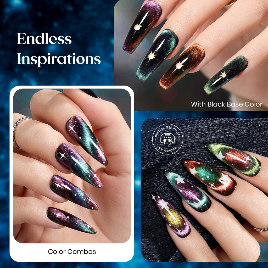 Beetles Cat Eye Gel Nail Polish Set - 6 Colors with Magnetic Chameleon Effect | Soak-Off UV Velvet Gel
