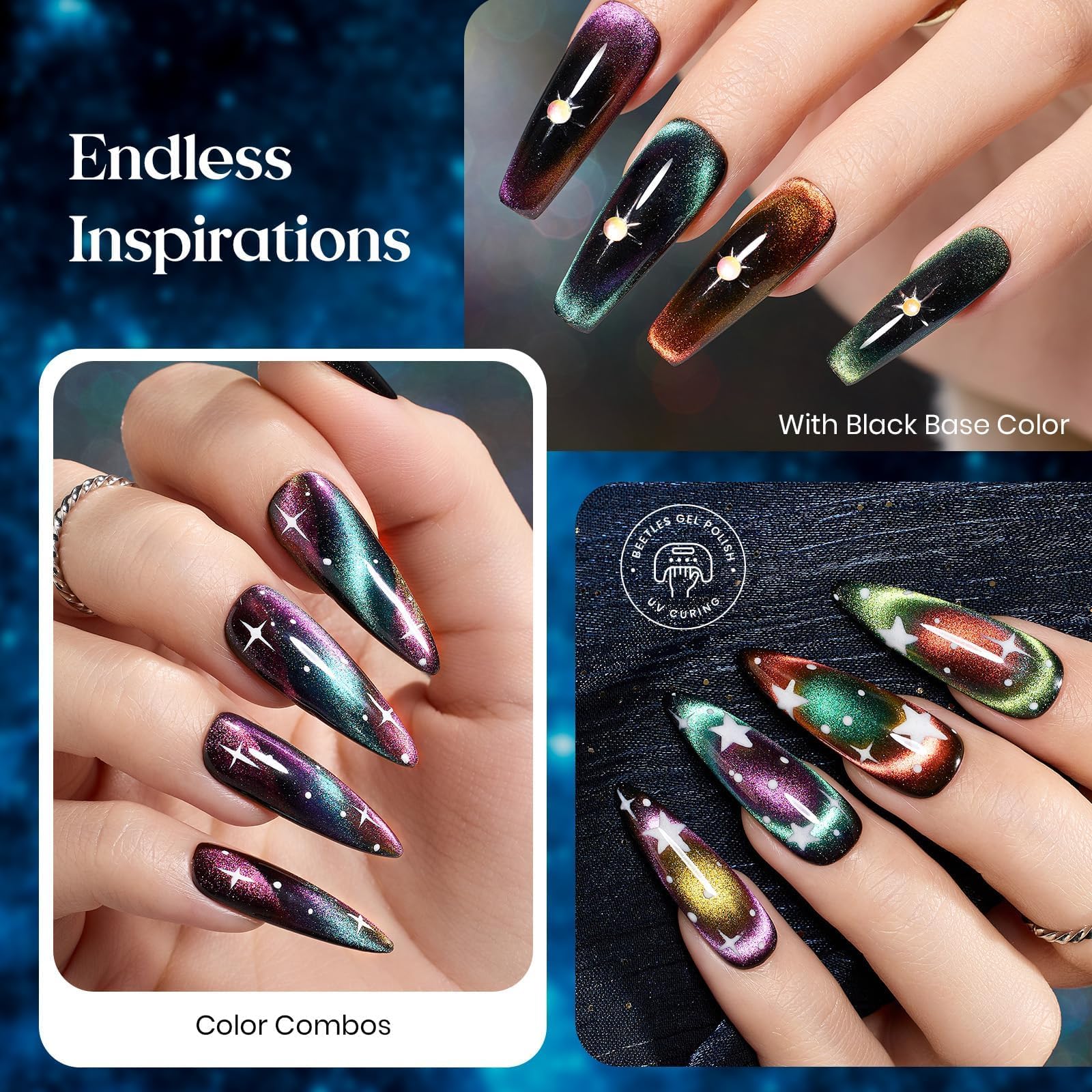 Beetles Cat Eye Gel Nail Polish Set - 6 Colors with Magnetic Chameleon Effect | Soak-Off UV Velvet Gel