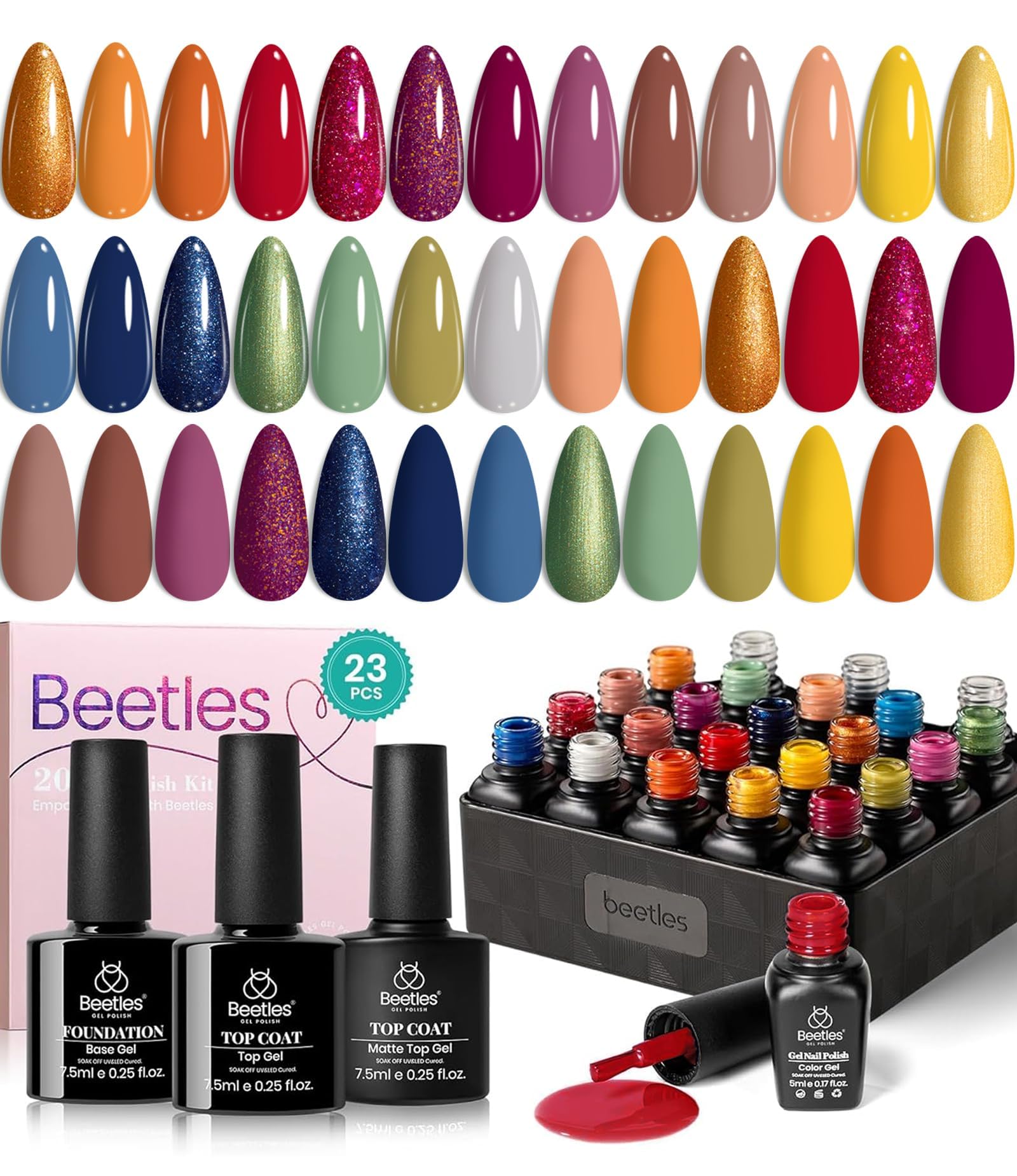 Beetles Gel Polish Set — 20 Colors for Fall & Winter with Base & Top Coat