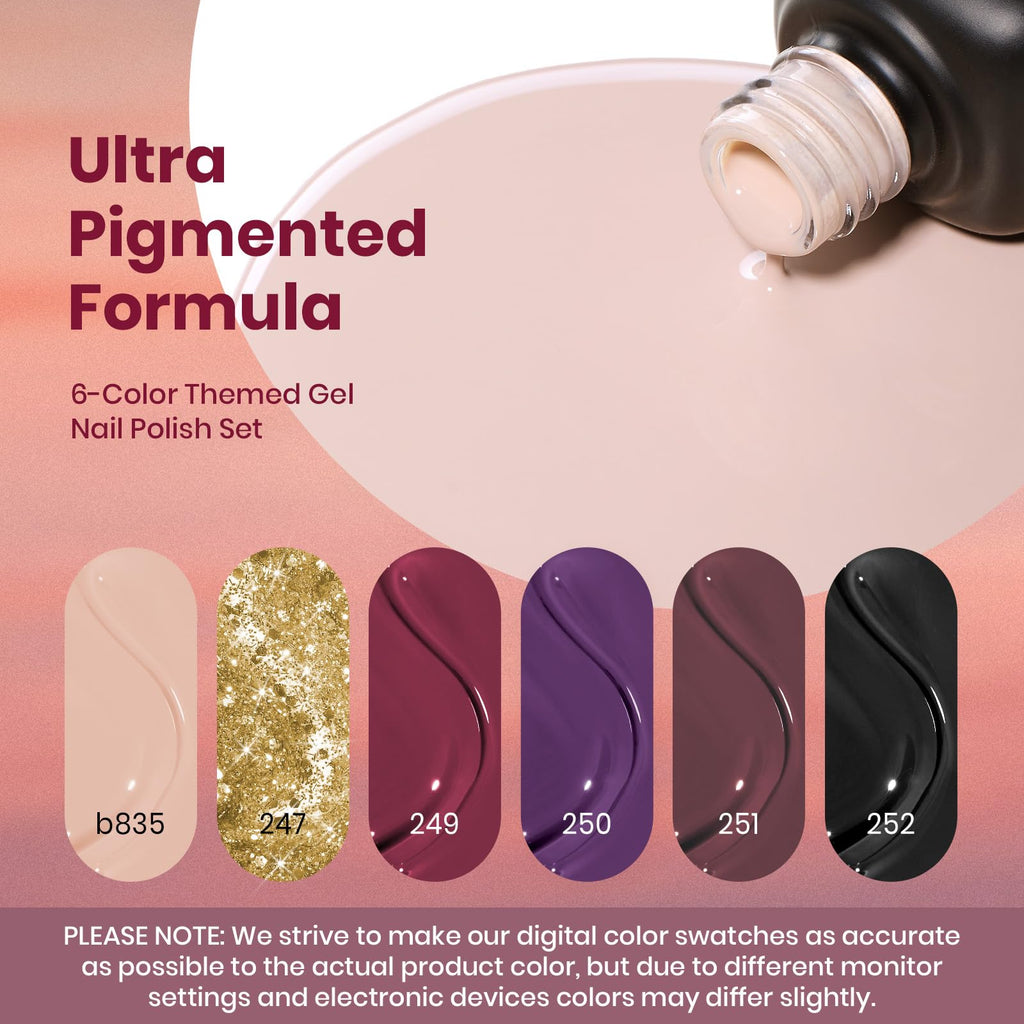 Beetles Gel Nail Polish Set – 6-Piece Burgundy, Plum, Nude & Gold Glitter for Home Salon