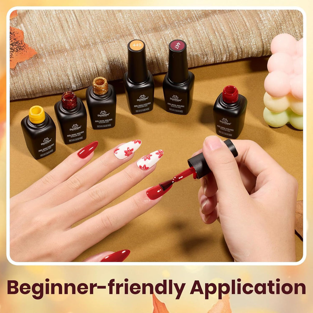 Beetles Gel Nail Polish Set – Golden Blessing (6 Autumn Shades: Red, Yellow, Brown, Glitter Orange-Gold)