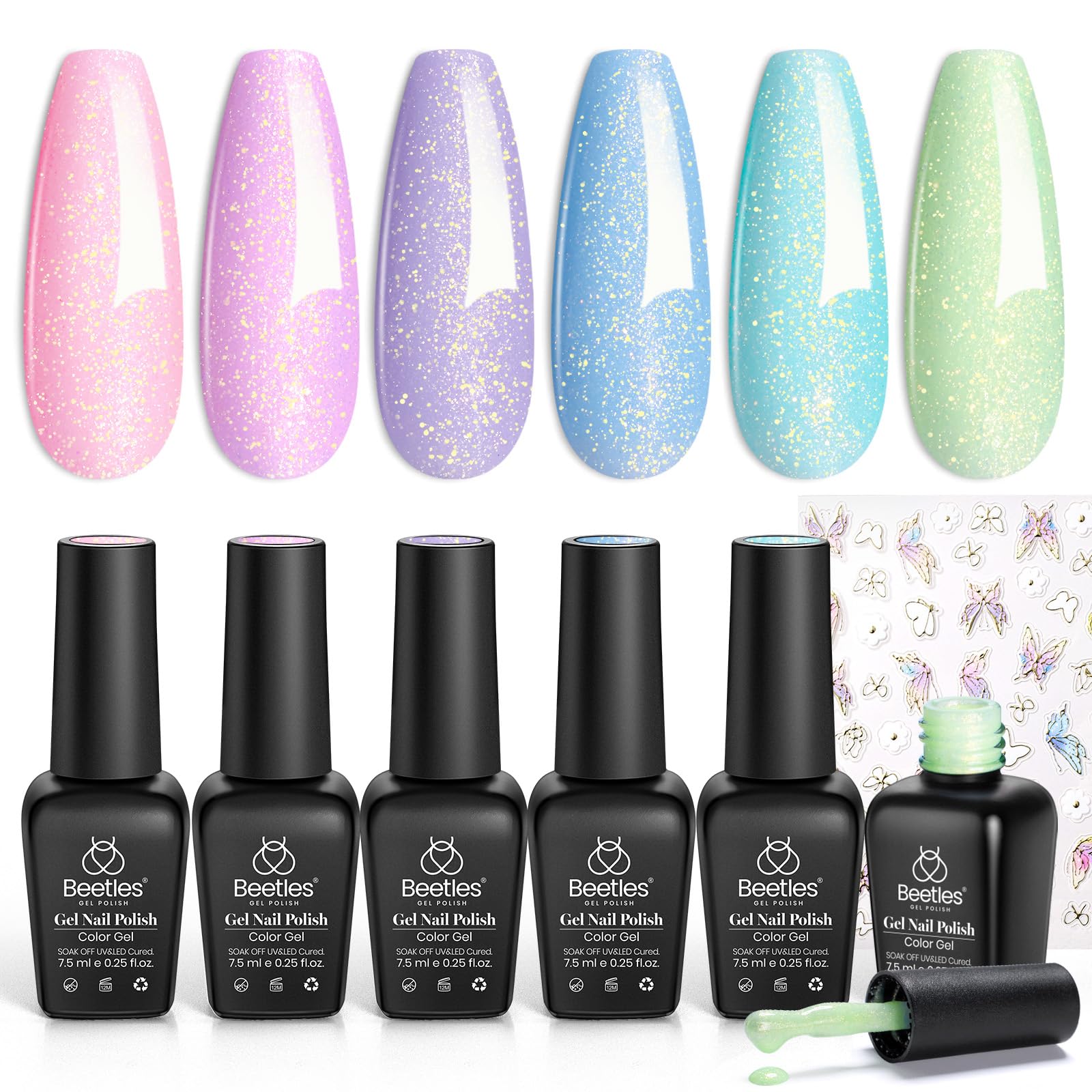 Beetles Spring Gel Nail Polish Set: 6 Pastel Shimmer Colors + Butterfly Stickers | UV/LED Required