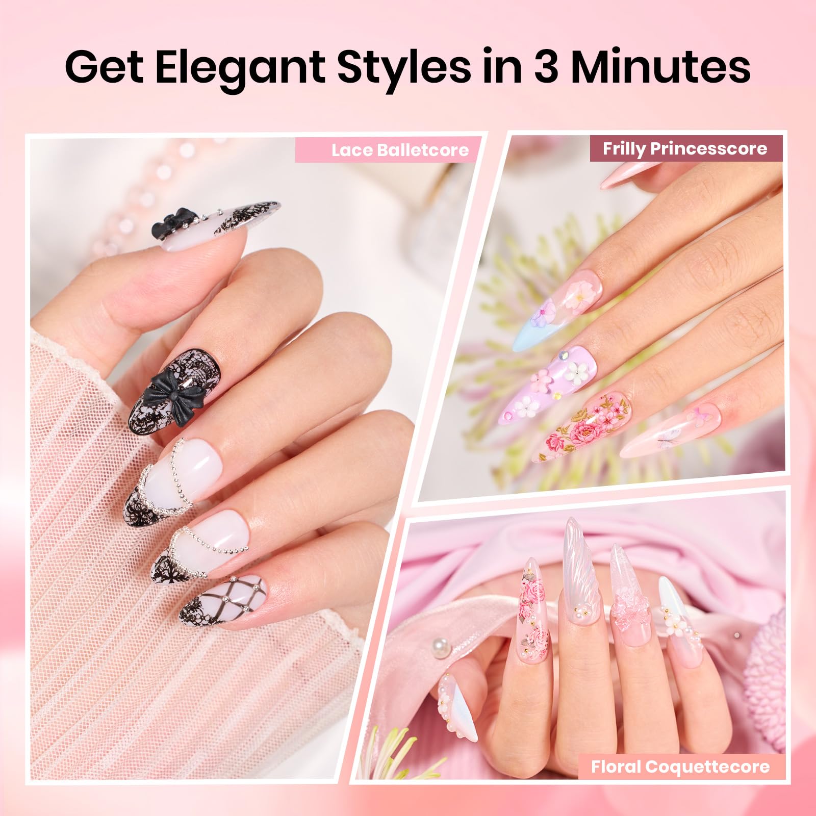 Beetles Nail Foil Glue Gel 2x15ml + 20 Lace Flower Butterfly Stickers | LED Lamp DIY Manicure