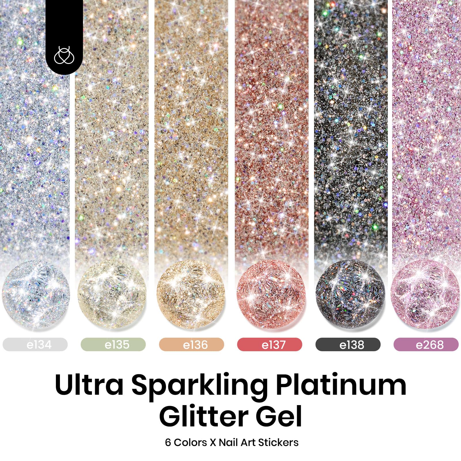 Beetles Glitter Gel Polish Diamond Shine 6-Color Set with Nail Art Stickers | Silver, Black, Pink, Gold & Holographic Glitter for UV/LED Manicures