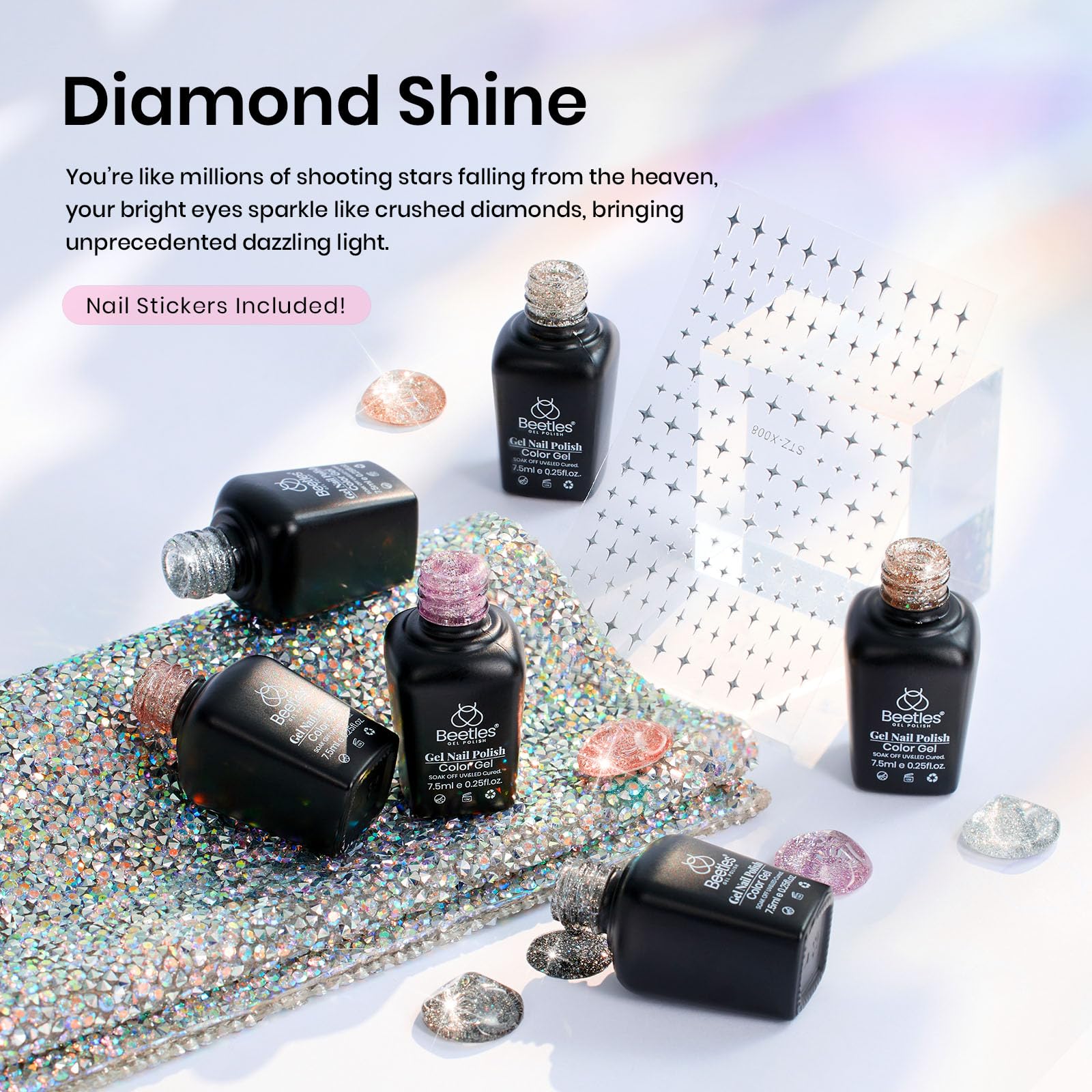 Beetles Glitter Gel Polish Diamond Shine 6-Color Set with Nail Art Stickers | Silver, Black, Pink, Gold & Holographic Glitter for UV/LED Manicures