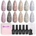 Beetles Glitter Gel Polish Diamond Shine 6-Color Set with Nail Art Stickers | Silver, Black, Pink, Gold & Holographic Glitter for UV/LED Manicures
