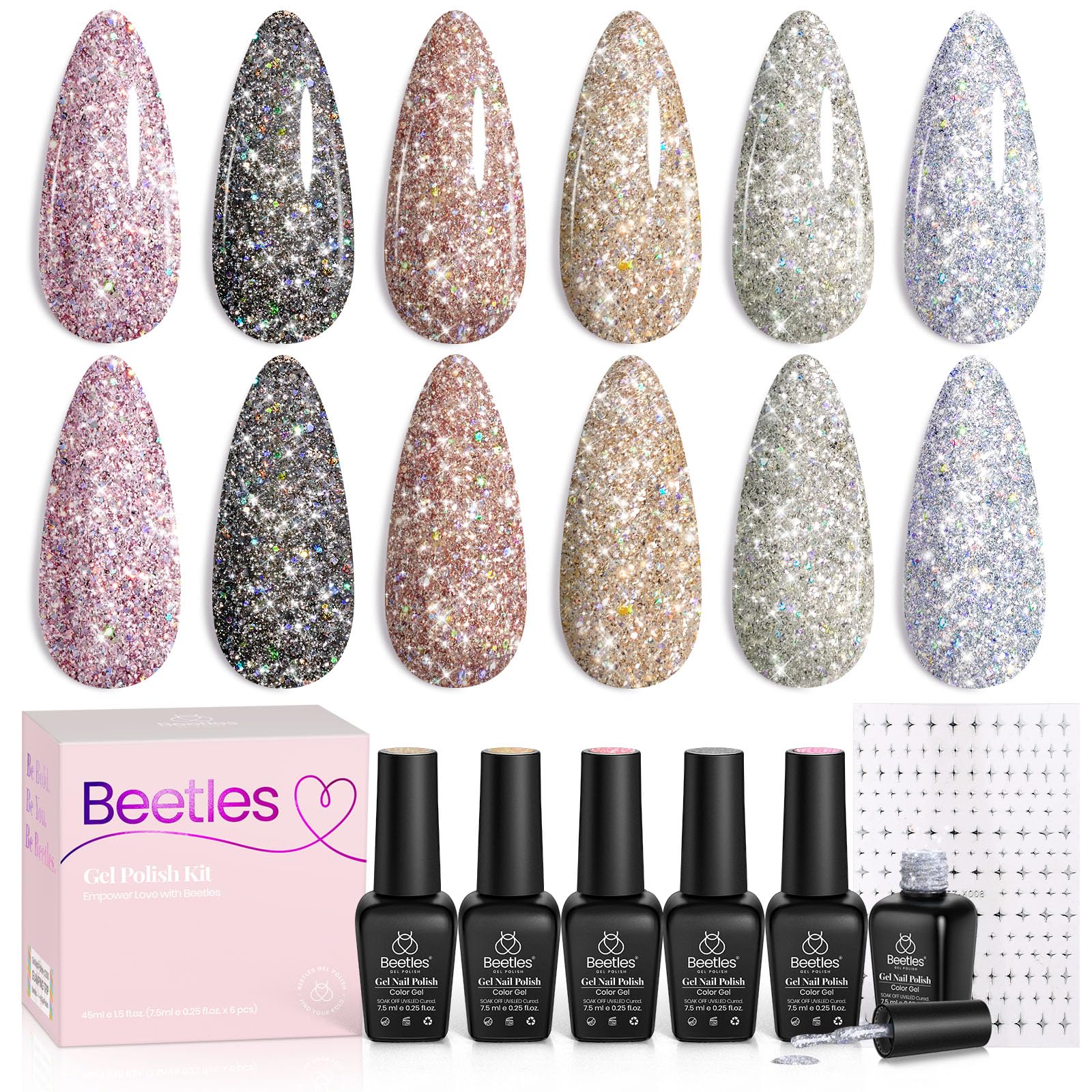 Beetles Glitter Gel Polish Diamond Shine 6-Color Set with Nail Art Stickers | Silver, Black, Pink, Gold & Holographic Glitter for UV/LED Manicures