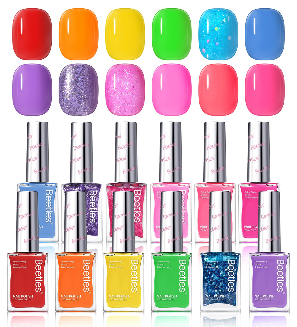 Beetles Glitter Neon Nail Polish Set – 12 Quick-Dry Neon Glitter Colors for DIY Nails