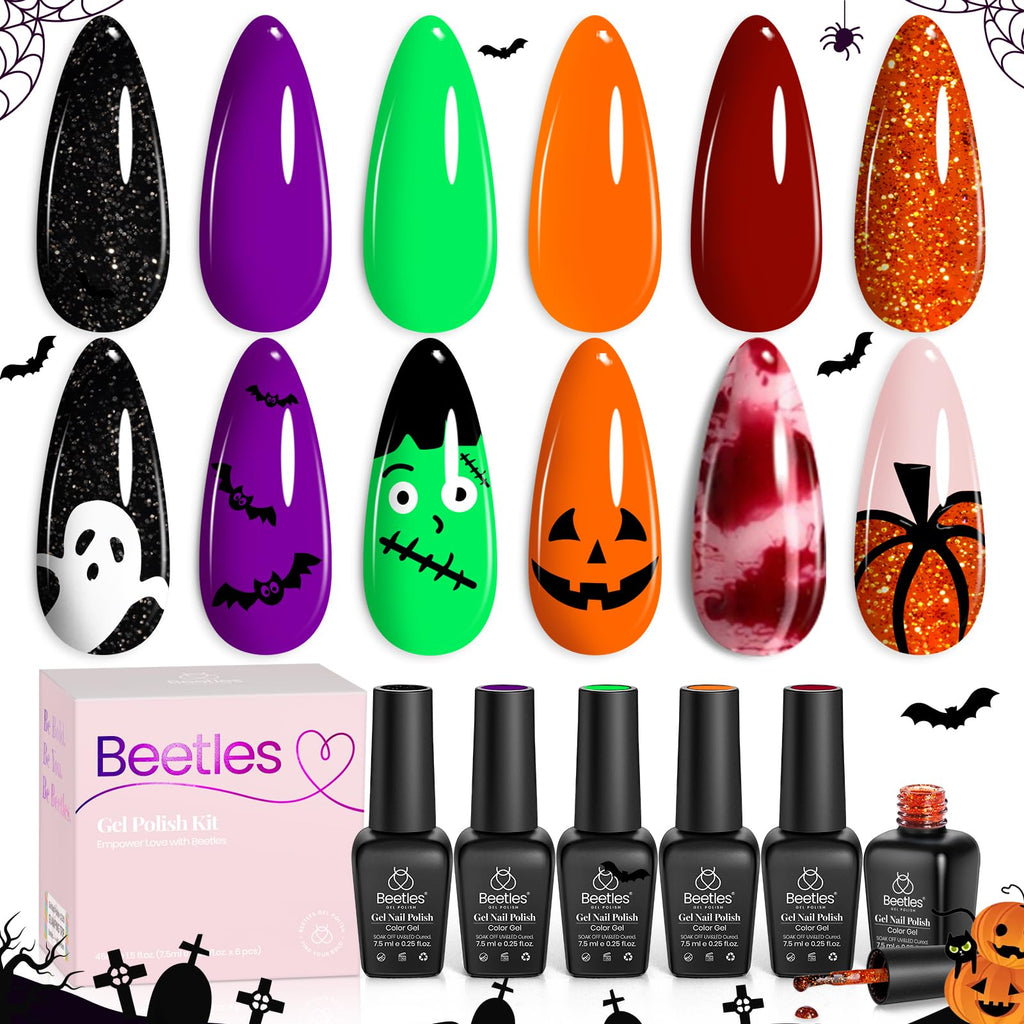Beetles Gel Nail Polish Set Hocus Pocus – 6 Colors Orange Green Purple Black Red Glitter (UV/LED Cured)