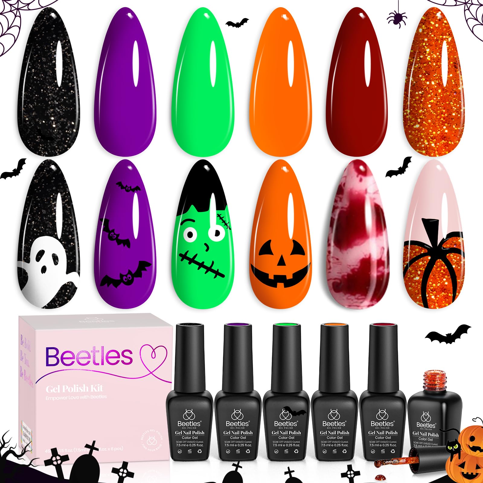 Beetles Gel Nail Polish Set Hocus Pocus – 6 Colors Orange Green Purple Black Red Glitter (UV/LED Cured)