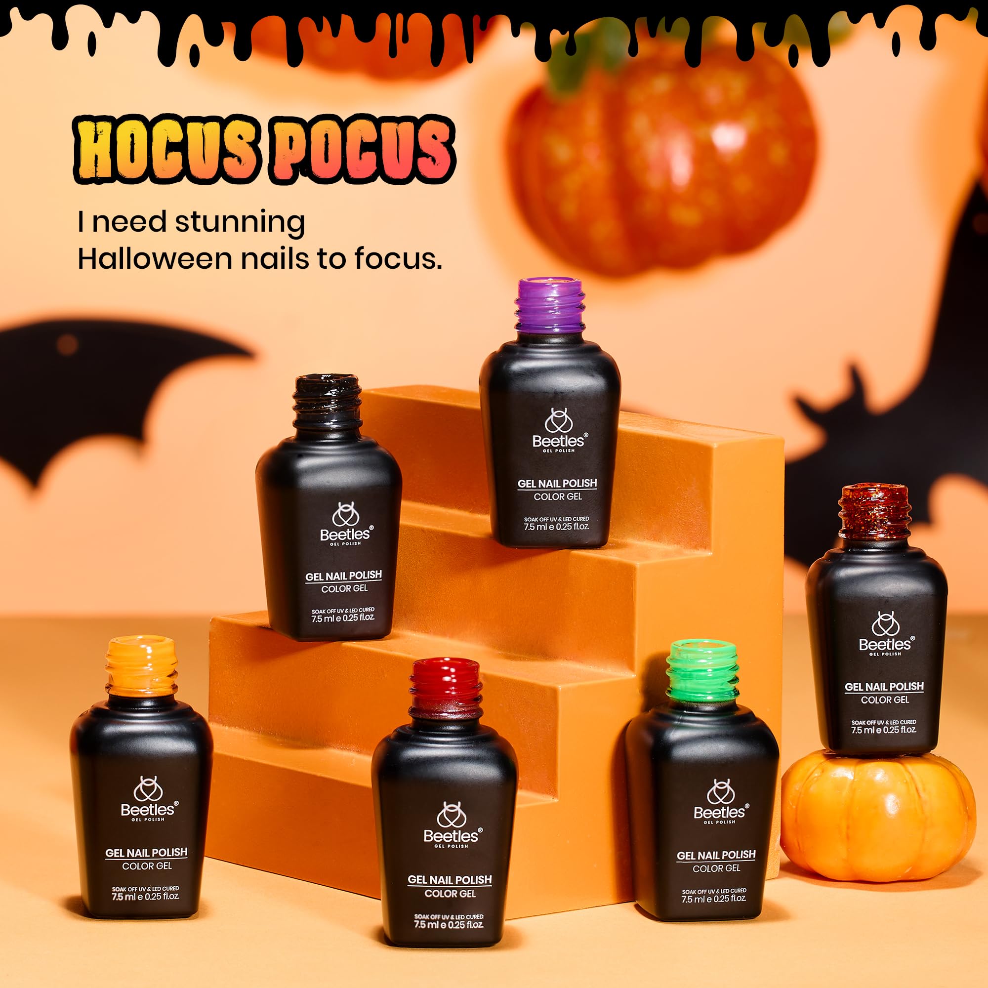 Beetles Gel Nail Polish Set Hocus Pocus – 6 Colors Orange Green Purple Black Red Glitter (UV/LED Cured)